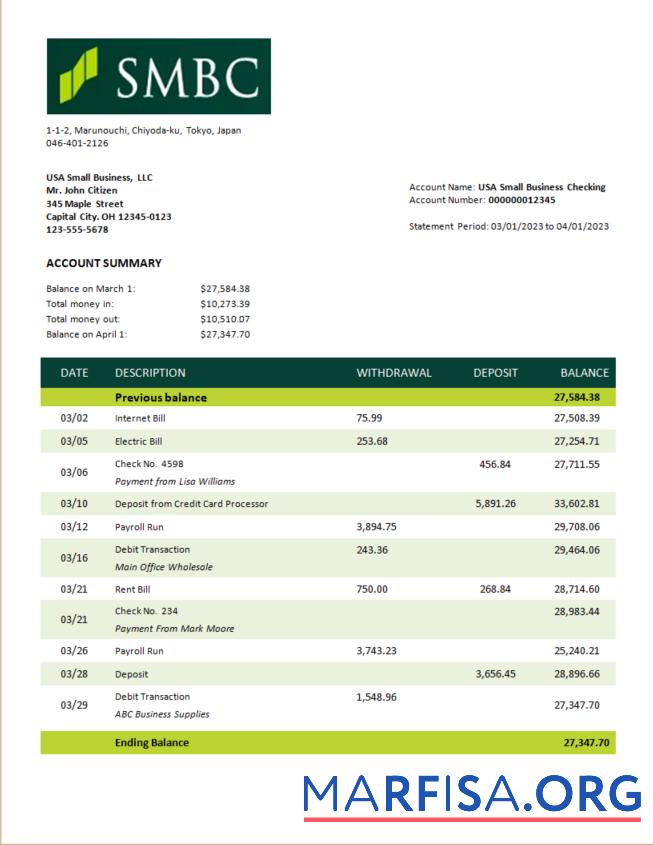 Blank SMBC Bank firm account statement Word and PDF template